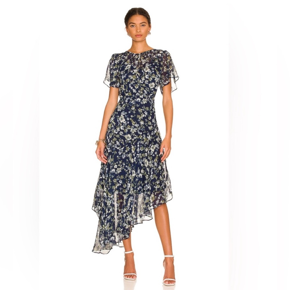 ASTR THE LABEL Blue Green Floral Ruffle Asymmetrical Hem Midi Dress Size Small